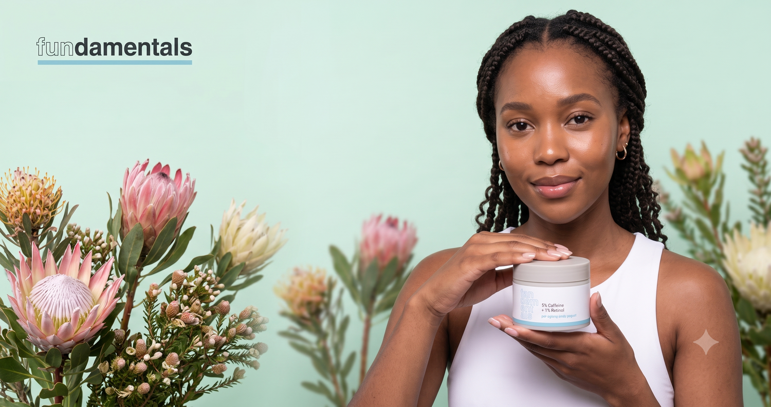 Black Lady holding a jar of the Fundamentals Skincare product, 5% Caffeine + 1% Retinol – Pro-ageing Body Yoghurt 