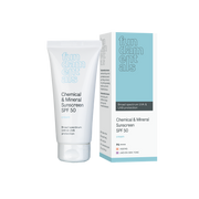 Tube and box of Chemical & Mineral Sunscreen SPF 50 by fundamentals on a white background