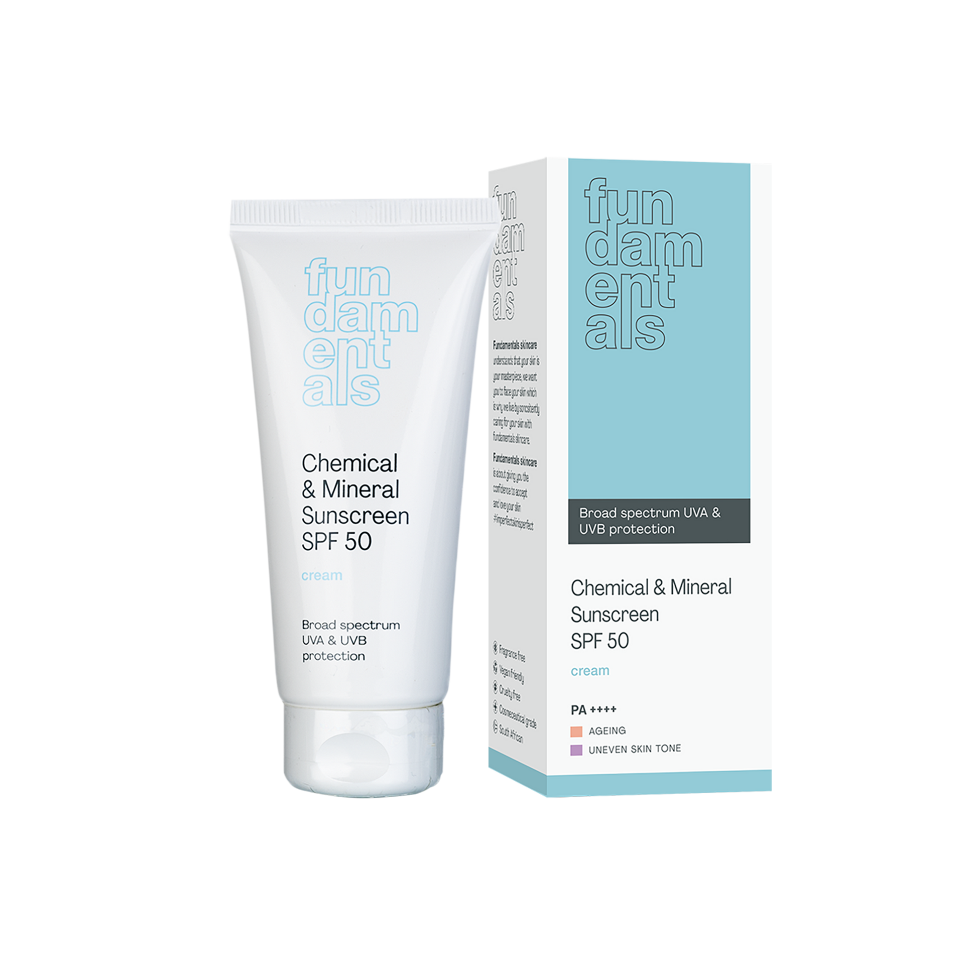 Tube and box of Chemical & Mineral Sunscreen SPF 50 by fundamentals on a white background