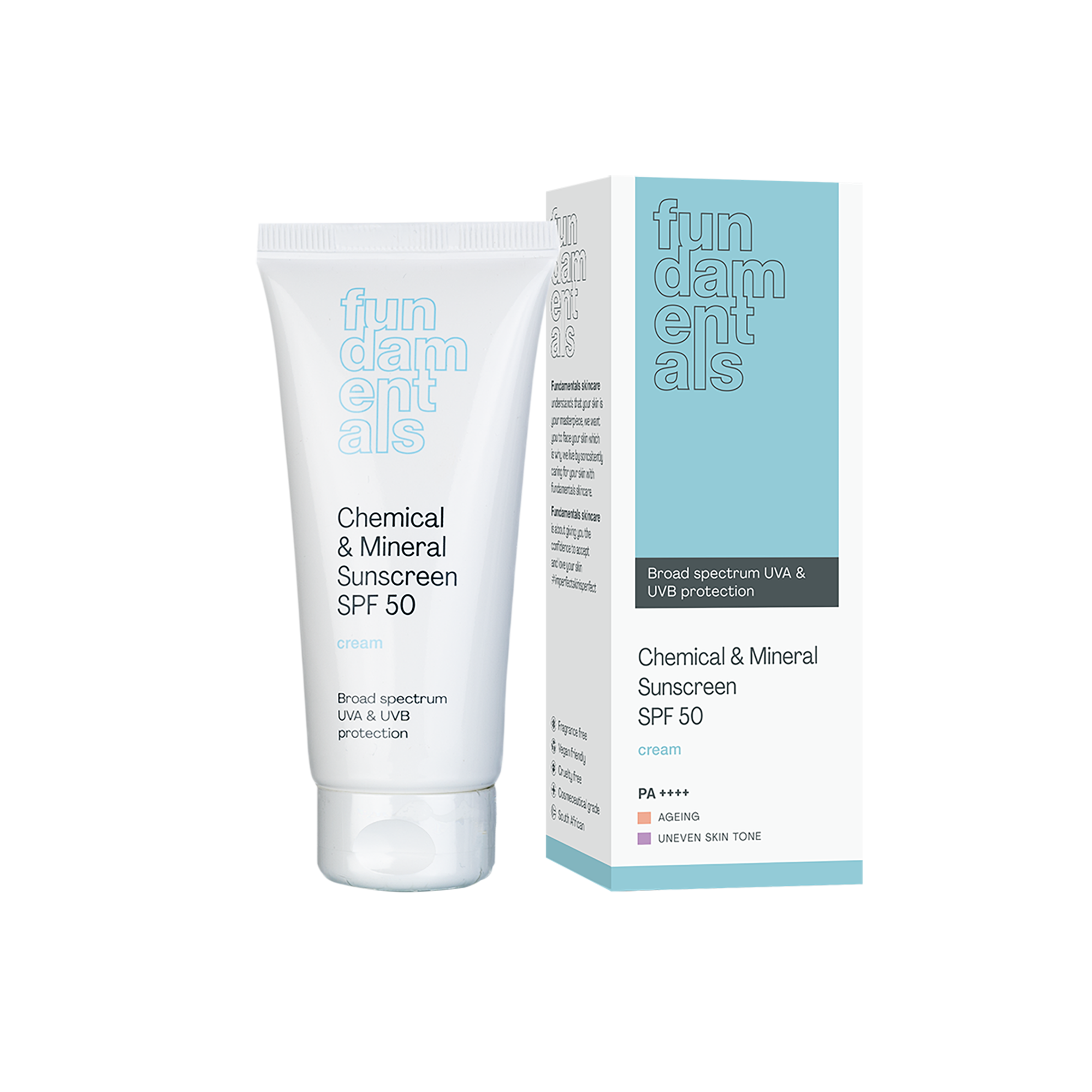 Tube and box of Chemical & Mineral Sunscreen SPF 50 by fundamentals on a white background