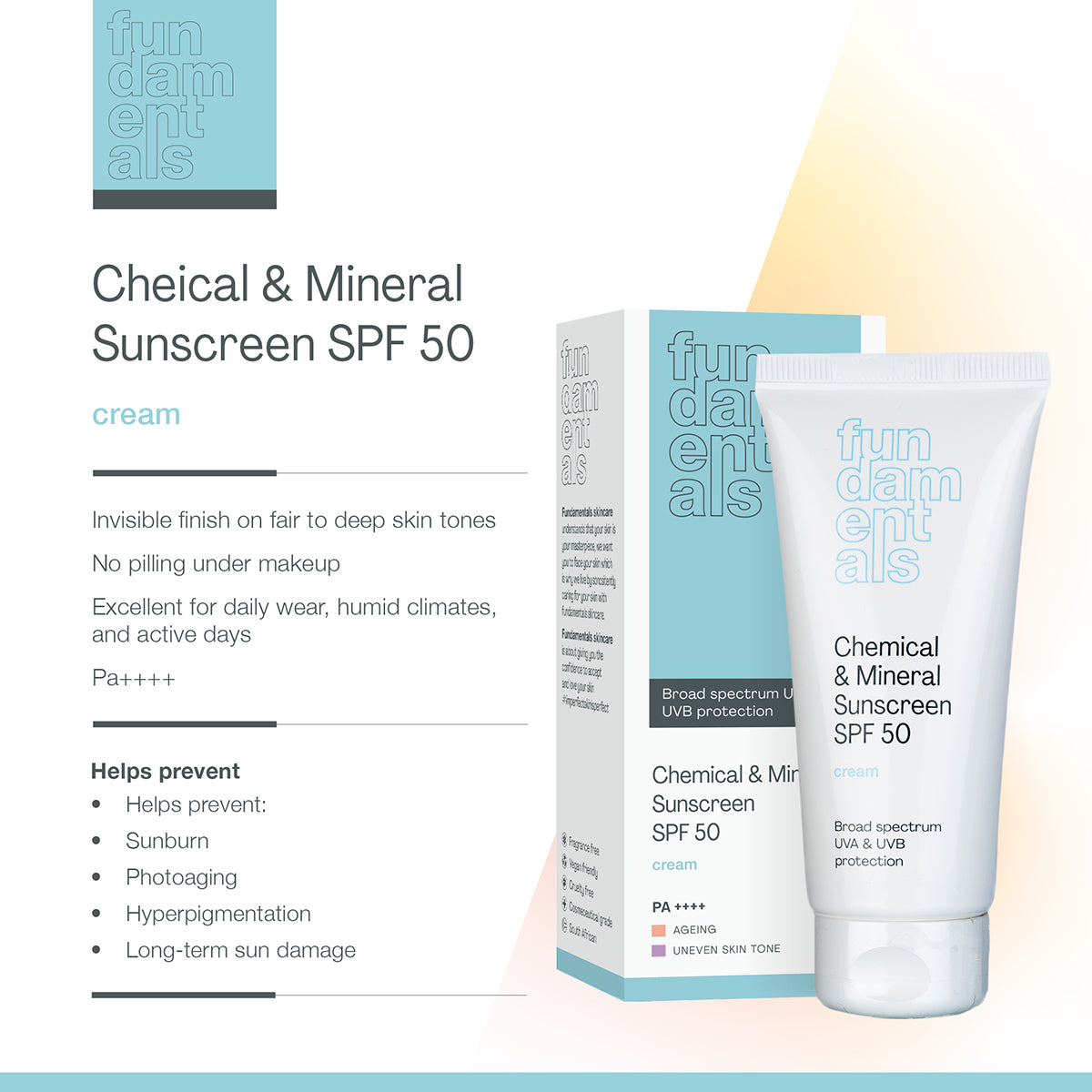 Sunscreen cream with packaging and product details on a white background
