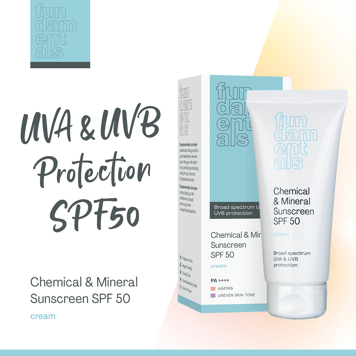 Sunscreen cream and packaging with 'fundamentals' branding on a light background