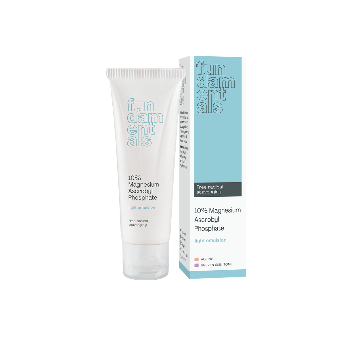 Tube and box of fundamentals skincare product on a white background